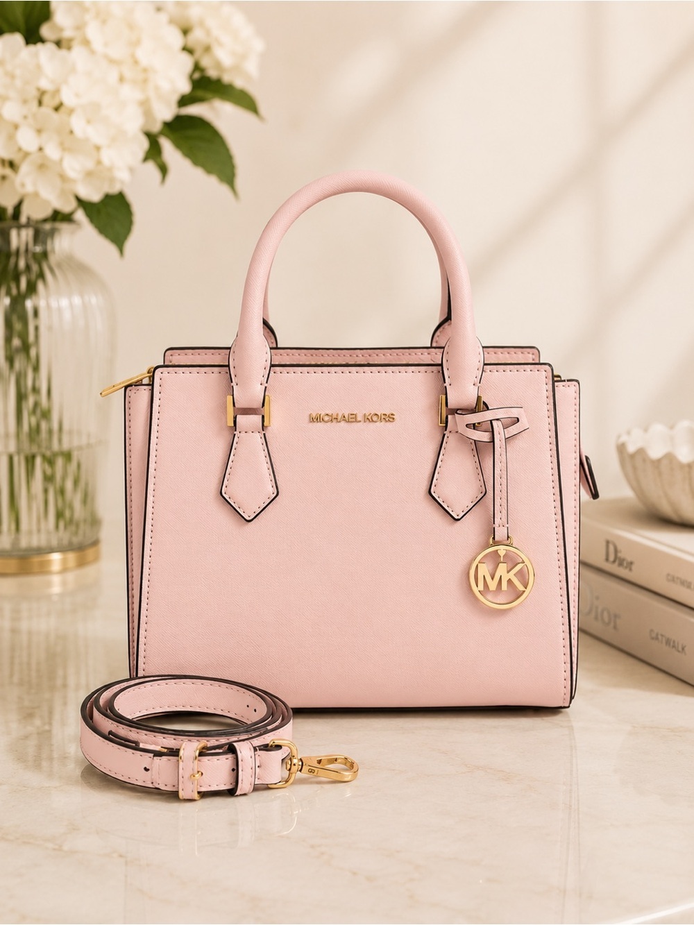 Michael Kors Camille Medium Pink Saffiano Leather Satchel Crossbody Bag